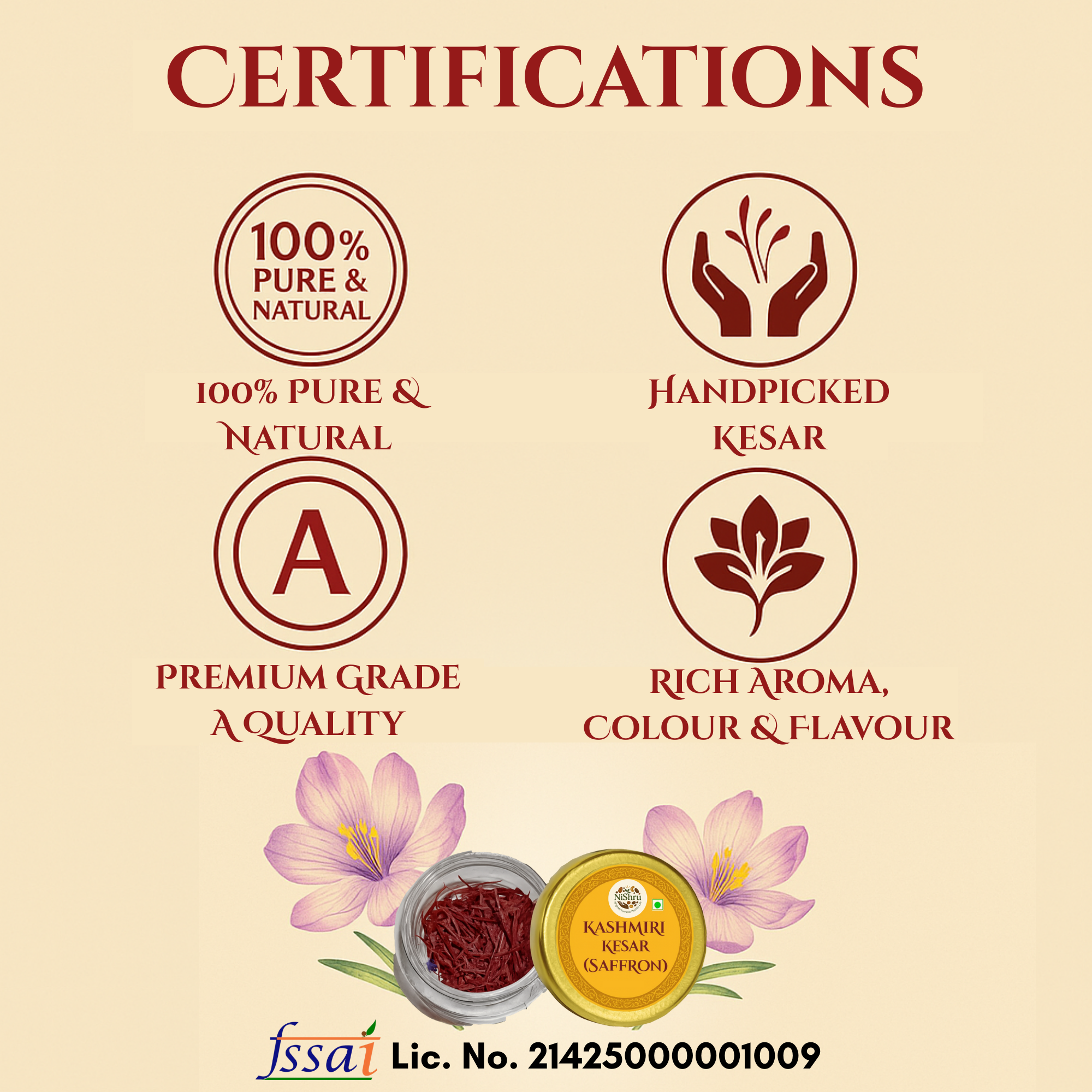 Nishru Pure Kashmiri Saffron | Grade-A Mongra Kesar Threads | Natural Kumkuma Puvvu for Pregnancy Milk, Pooja, Cooking, Biryani, Kahwa & Skin Care | Rich Aroma, Color & Flavor