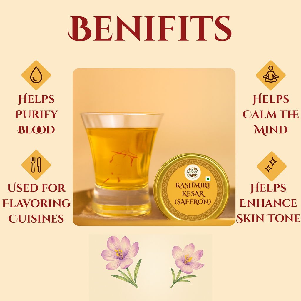 Nishru Pure Kashmiri Saffron | Grade-A Mongra Kesar Threads | Natural Kumkuma Puvvu for Pregnancy Milk, Pooja, Cooking, Biryani, Kahwa & Skin Care | Rich Aroma, Color & Flavor