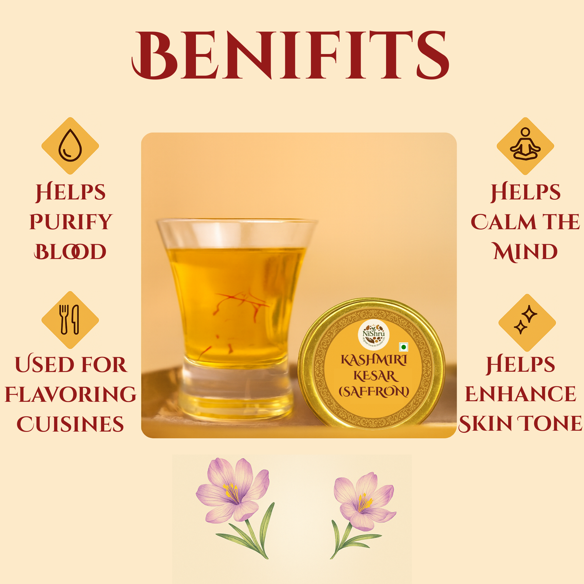 Nishru Pure Kashmiri Saffron | Grade-A Mongra Kesar Threads | Natural Kumkuma Puvvu for Pregnancy Milk, Pooja, Cooking, Biryani, Kahwa & Skin Care | Rich Aroma, Color & Flavor