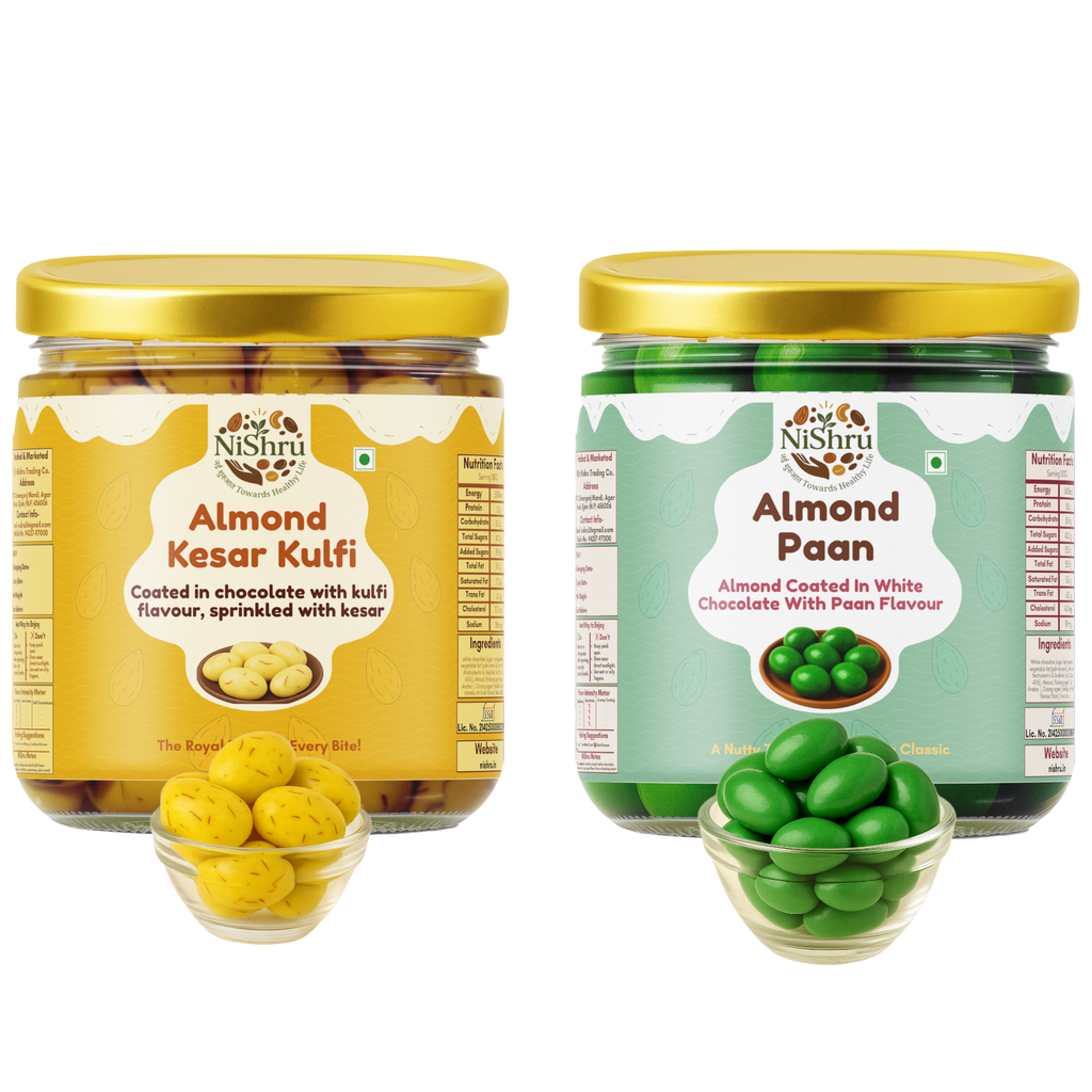 NiShru Almond Kesar Kulfi & Almond Paan – Premium Chocolate-Coated Almond Sweet Snack Combo | Festive Gift Pack | 150g × 2 (300g Total)
