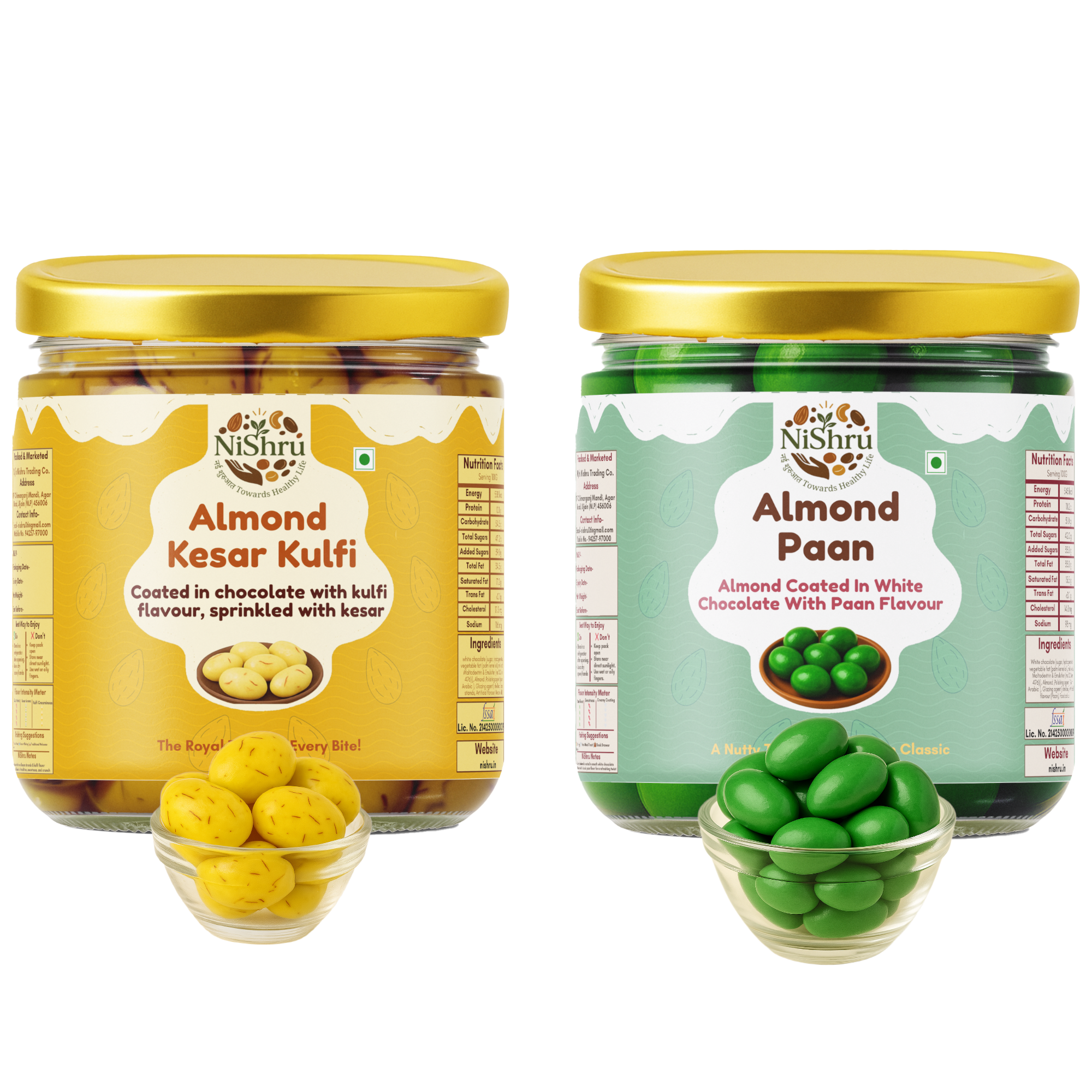 NiShru Almond Kesar Kulfi & Almond Paan – Premium Chocolate-Coated Almond Sweet Snack Combo | Festive Gift Pack | 150g × 2 (300g Total)