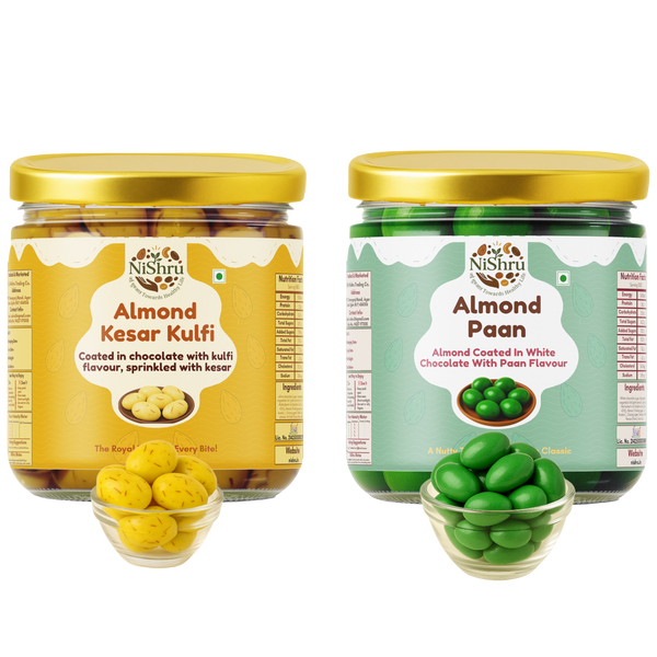 NiShru Almond Kesar Kulfi & Almond Paan – Premium Chocolate-Coated Almond Sweet Snack Combo | Festive Gift Pack | 150g × 2 (300g Total)
                  loading=