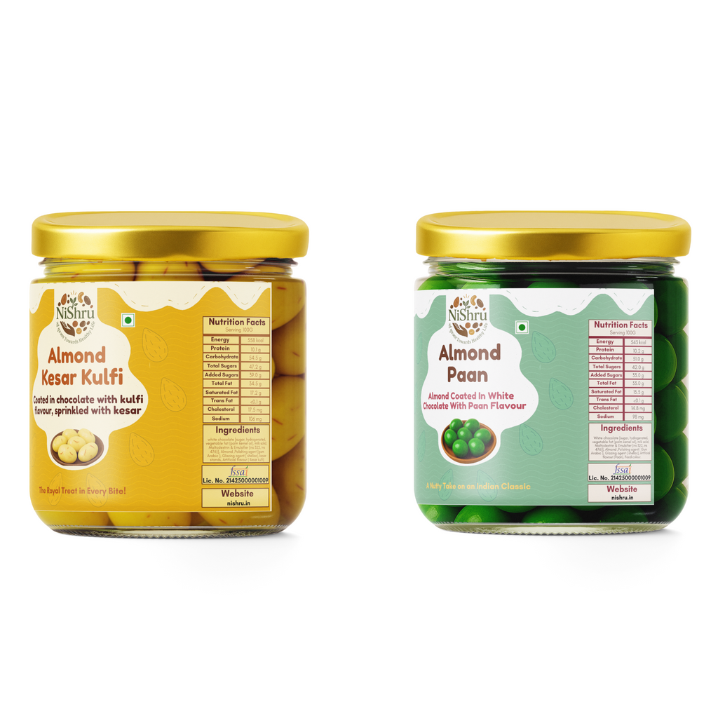 NiShru Almond Kesar Kulfi & Almond Paan – Premium Chocolate-Coated Almond Sweet Snack Combo | Festive Gift Pack | 150g × 2 (300g Total)