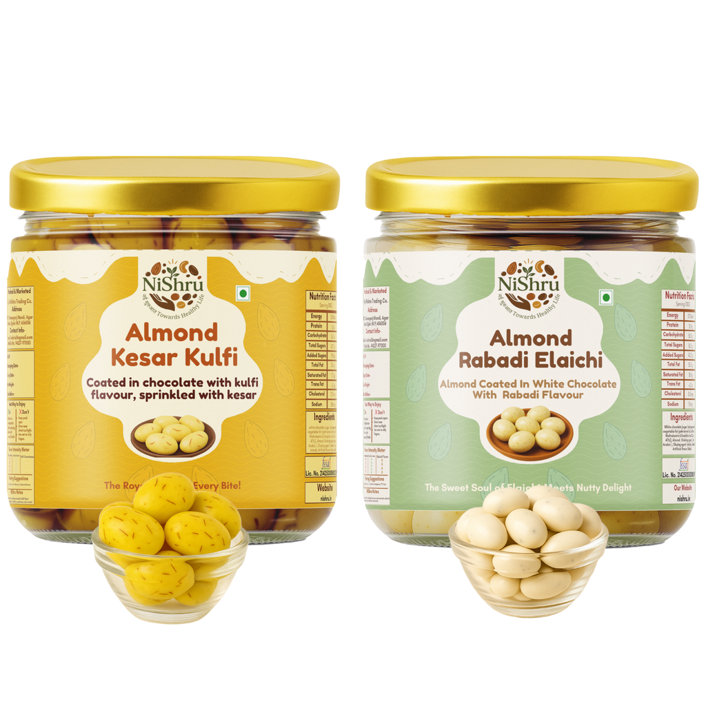 NiShru Almond Kesar Kulfi & Almond Rabadi Elaichi – Premium Chocolate-Coated Flavoured Almonds Sweet Snack Combo | Festive Dry Fruit Gift Pack | 150g × 2 (300g Total)