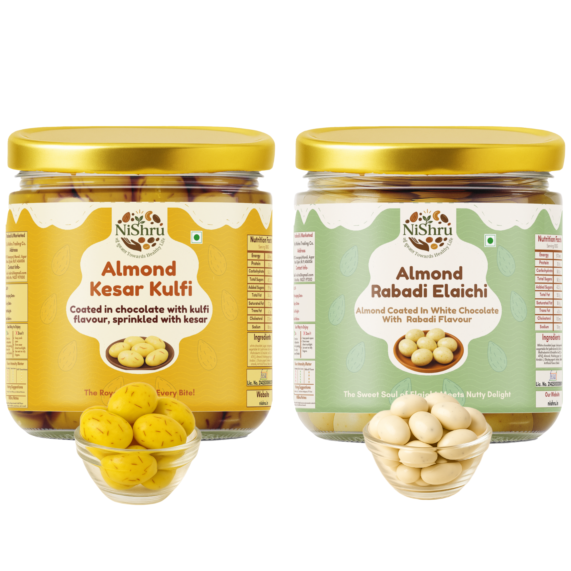 NiShru Almond Kesar Kulfi & Almond Rabadi Elaichi – Premium Chocolate-Coated Flavoured Almonds Sweet Snack Combo | Festive Dry Fruit Gift Pack | 150g × 2 (300g Total)