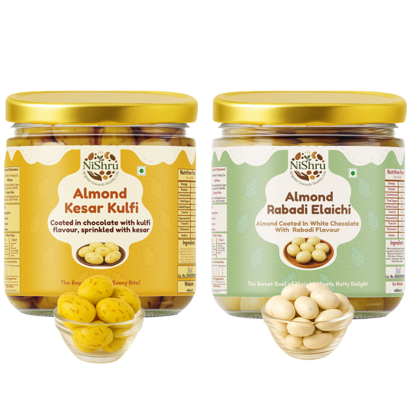NiShru Almond Kesar Kulfi & Almond Rabadi Elaichi – Premium Chocolate-Coated Flavoured Almonds Sweet Snack Combo | Festive Dry Fruit Gift Pack | 150g × 2 (300g Total)
                  loading=