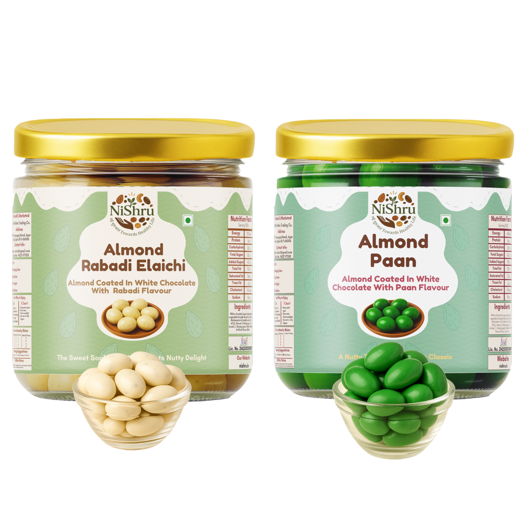 NiShru Almond Paan & Almond Rabadi Elaichi – Premium Chocolate-Coated Flavoured Almonds Sweet Snack Combo | Festive Dry Fruit Gift Pack | 150g × 2 (300g Total)