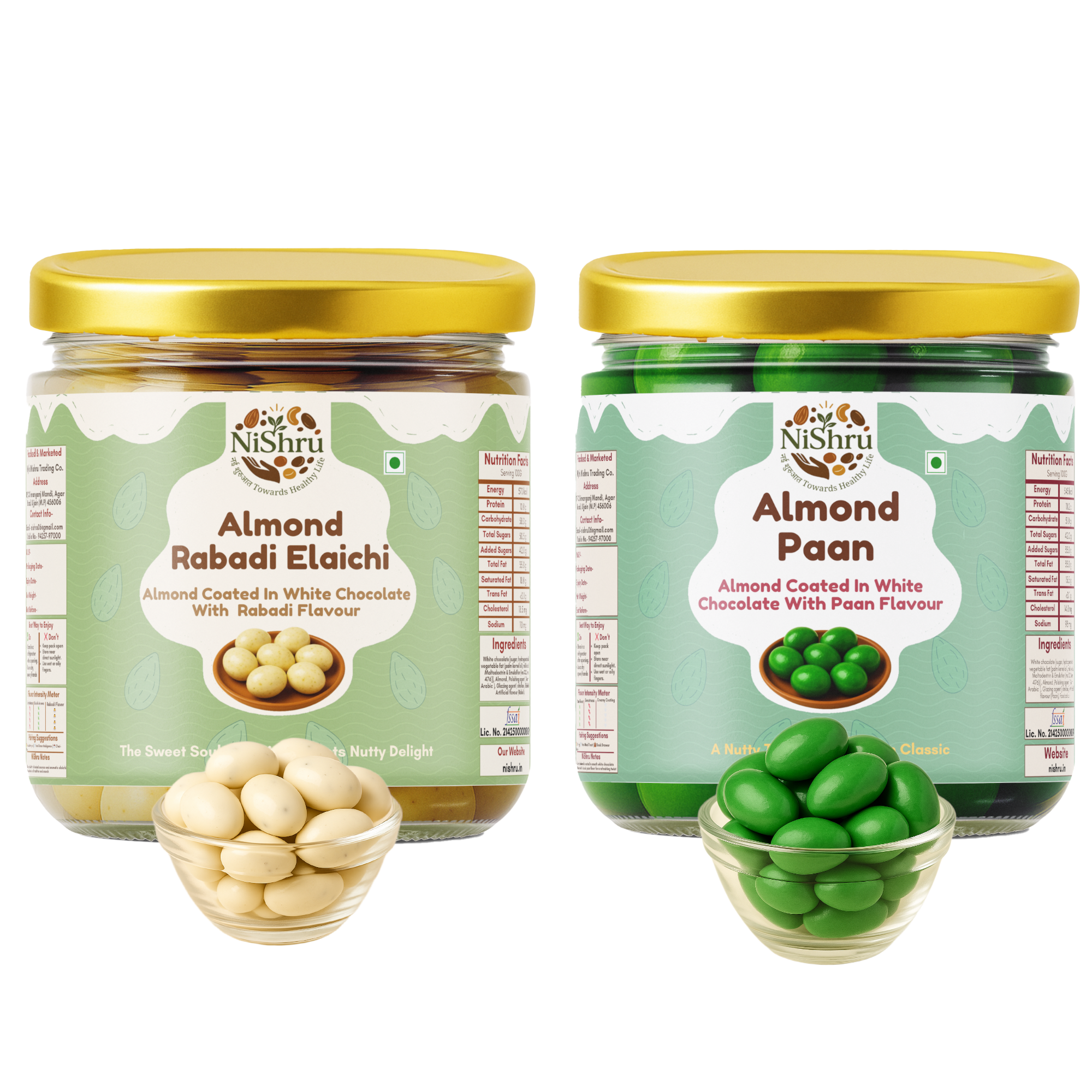 NiShru Almond Paan & Almond Rabadi Elaichi – Premium Chocolate-Coated Flavoured Almonds Sweet Snack Combo | Festive Dry Fruit Gift Pack | 150g × 2 (300g Total)