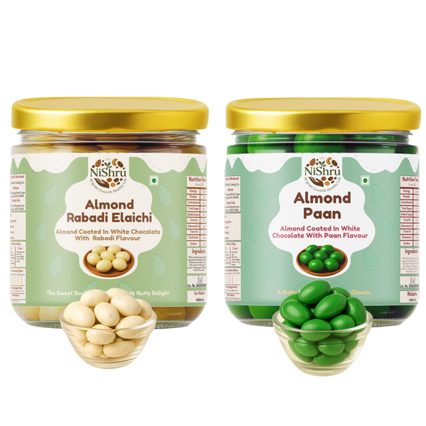 NiShru Almond Paan & Almond Rabadi Elaichi – Premium Chocolate-Coated Flavoured Almonds Sweet Snack Combo | Festive Dry Fruit Gift Pack | 150g × 2 (300g Total)
                  loading=