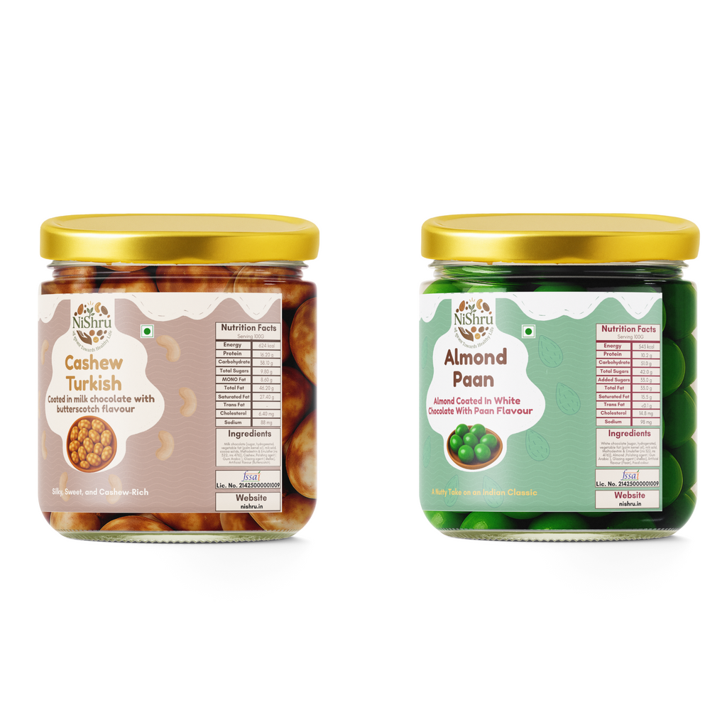 NiShru Almond Paan & Cashew Turkish – Premium Chocolate-Coated Dry Fruit Sweet Snack Combo | Exotic Paan & Turkish Flavoured Nuts | Festive Gift Pack | 150g × 2 (300g Total)