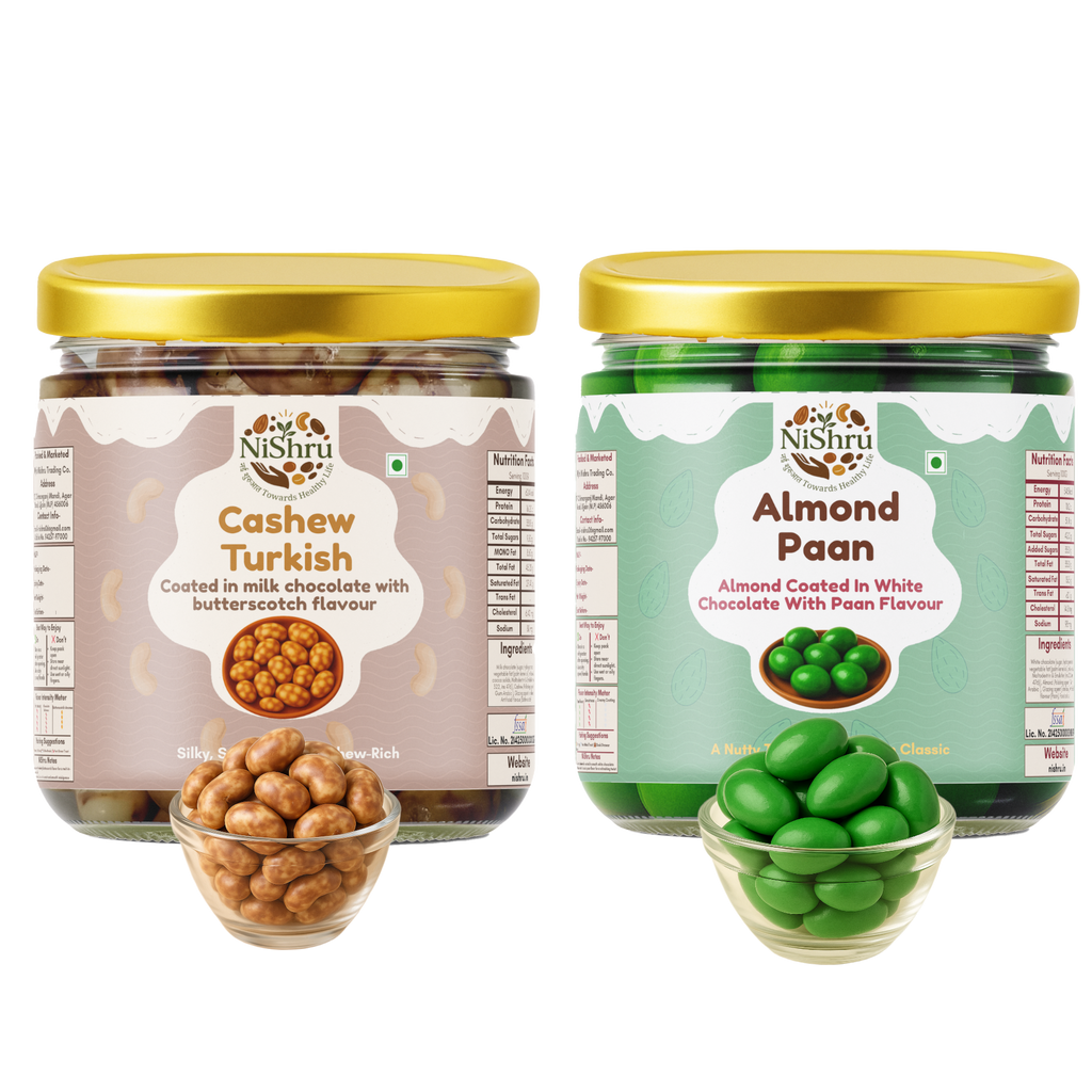 NiShru Almond Paan & Cashew Turkish – Premium Chocolate-Coated Dry Fruit Sweet Snack Combo | Exotic Paan & Turkish Flavoured Nuts | Festive Gift Pack | 150g × 2 (300g Total)