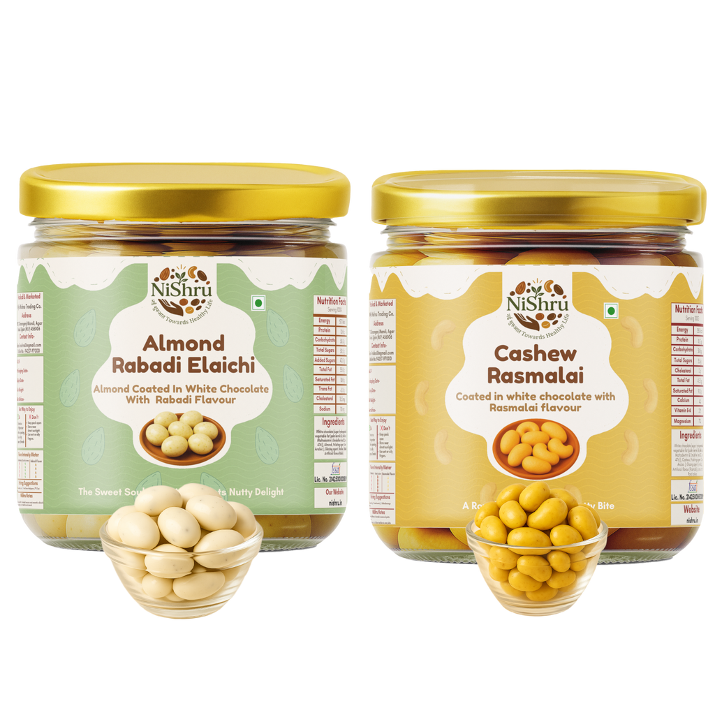NiShru Almond Rabadi Elaichi & Cashew Rasmalai – Premium Chocolate-Coated Dry Fruit Sweet Snack Combo | Festive Dessert Flavoured Nuts Gift Pack | 150g × 2 (300g Total)