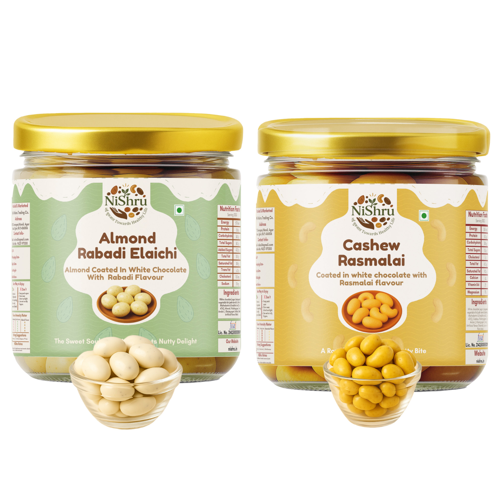 NiShru Almond Rabadi Elaichi & Cashew Rasmalai – Premium Chocolate-Coated Dry Fruit Sweet Snack Combo | Festive Dessert Flavoured Nuts Gift Pack | 150g × 2 (300g Total)