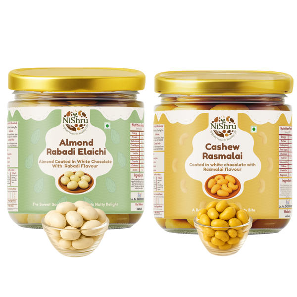 NiShru Almond Rabadi Elaichi & Cashew Rasmalai – Premium Chocolate-Coated Dry Fruit Sweet Snack Combo | Festive Dessert Flavoured Nuts Gift Pack | 150g × 2 (300g Total)
                  loading=