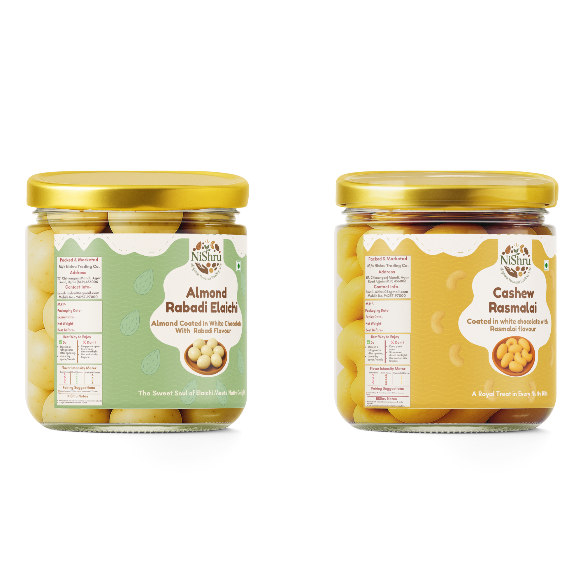 NiShru Almond Rabadi Elaichi & Cashew Rasmalai – Premium Chocolate-Coated Dry Fruit Sweet Snack Combo | Festive Dessert Flavoured Nuts Gift Pack | 150g × 2 (300g Total)