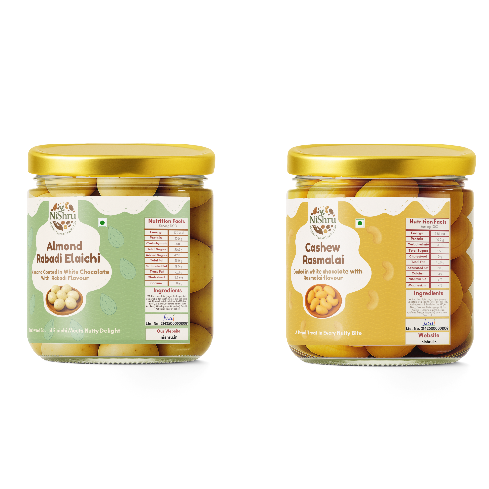 NiShru Almond Rabadi Elaichi & Cashew Rasmalai – Premium Chocolate-Coated Dry Fruit Sweet Snack Combo | Festive Dessert Flavoured Nuts Gift Pack | 150g × 2 (300g Total)
