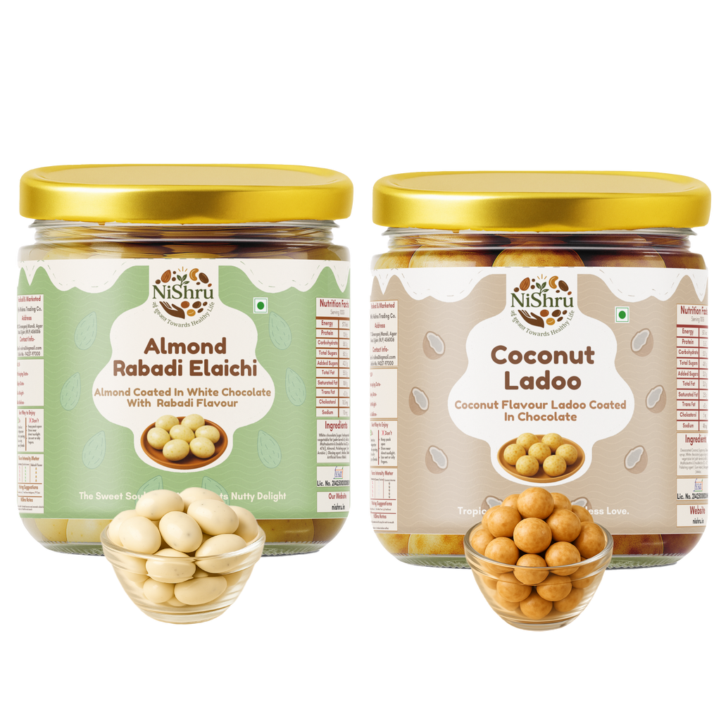 NiShru Almond Rabadi Elaichi & Coconut Ladoo – Premium Chocolate-Coated Sweet Nut & Coconut Filled Treat Combo | Festive Dry Fruit Gift Pack | 150g × 2 (300g Total)