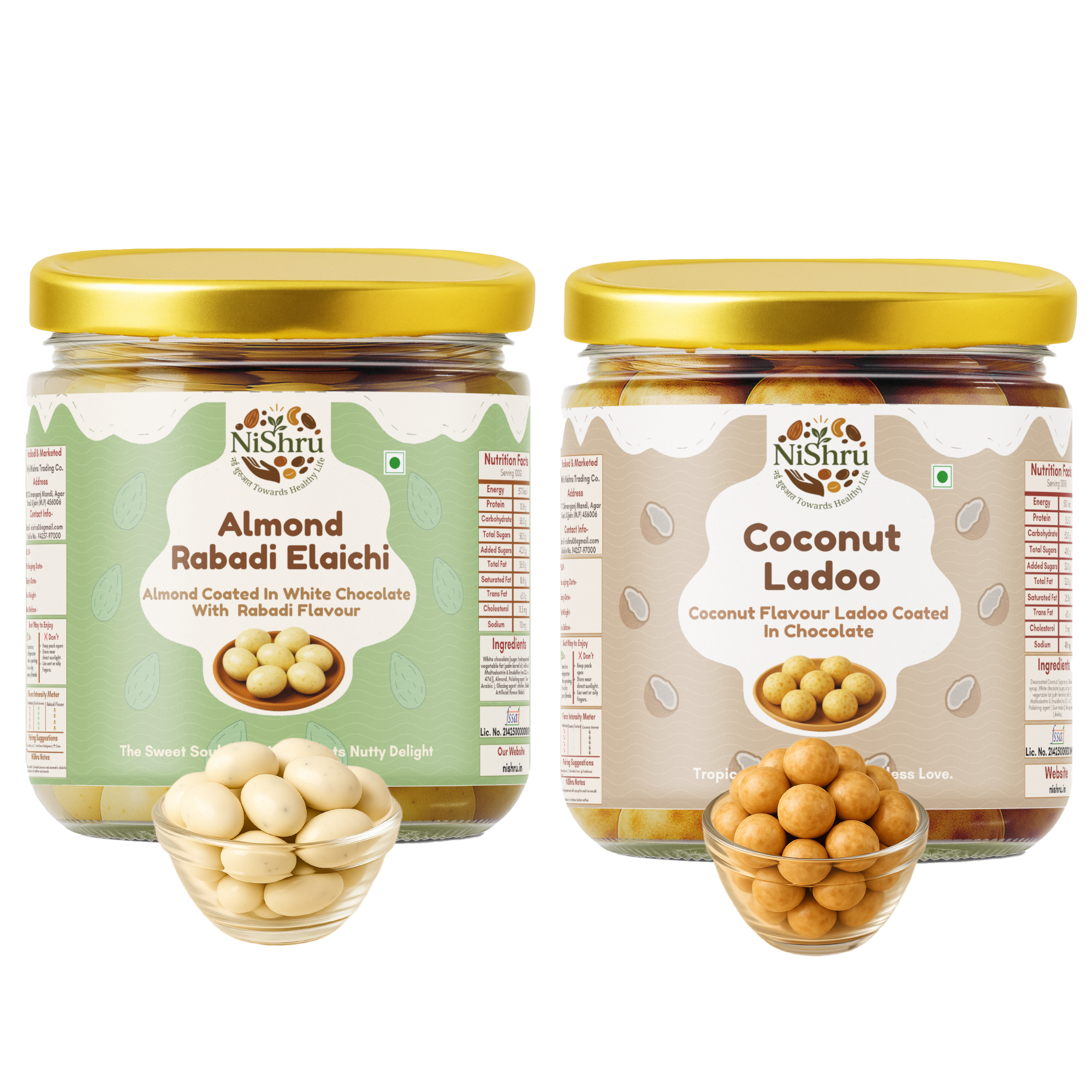 NiShru Almond Rabadi Elaichi & Coconut Ladoo – Premium Chocolate-Coated Sweet Nut & Coconut Filled Treat Combo | Festive Dry Fruit Gift Pack | 150g × 2 (300g Total)