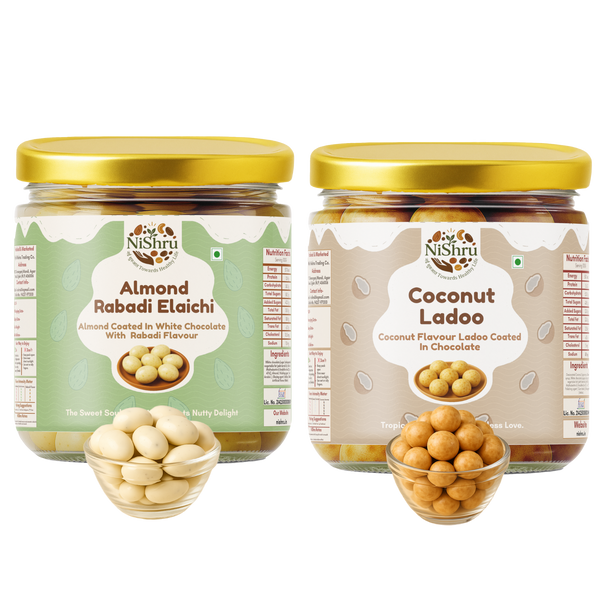 NiShru Almond Rabadi Elaichi & Coconut Ladoo – Premium Chocolate-Coated Sweet Nut & Coconut Filled Treat Combo | Festive Dry Fruit Gift Pack | 150g × 2 (300g Total)
                  loading=