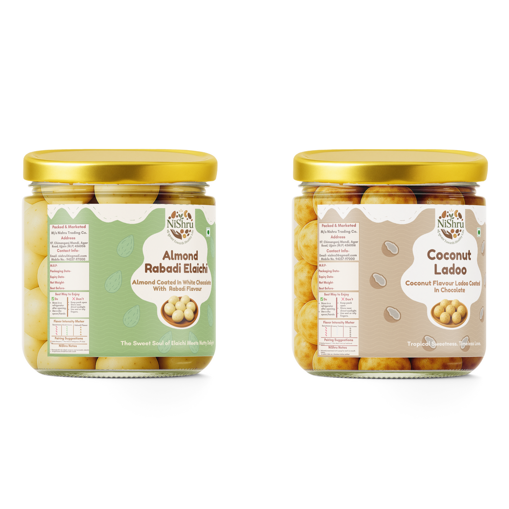 NiShru Almond Rabadi Elaichi & Coconut Ladoo – Premium Chocolate-Coated Sweet Nut & Coconut Filled Treat Combo | Festive Dry Fruit Gift Pack | 150g × 2 (300g Total)