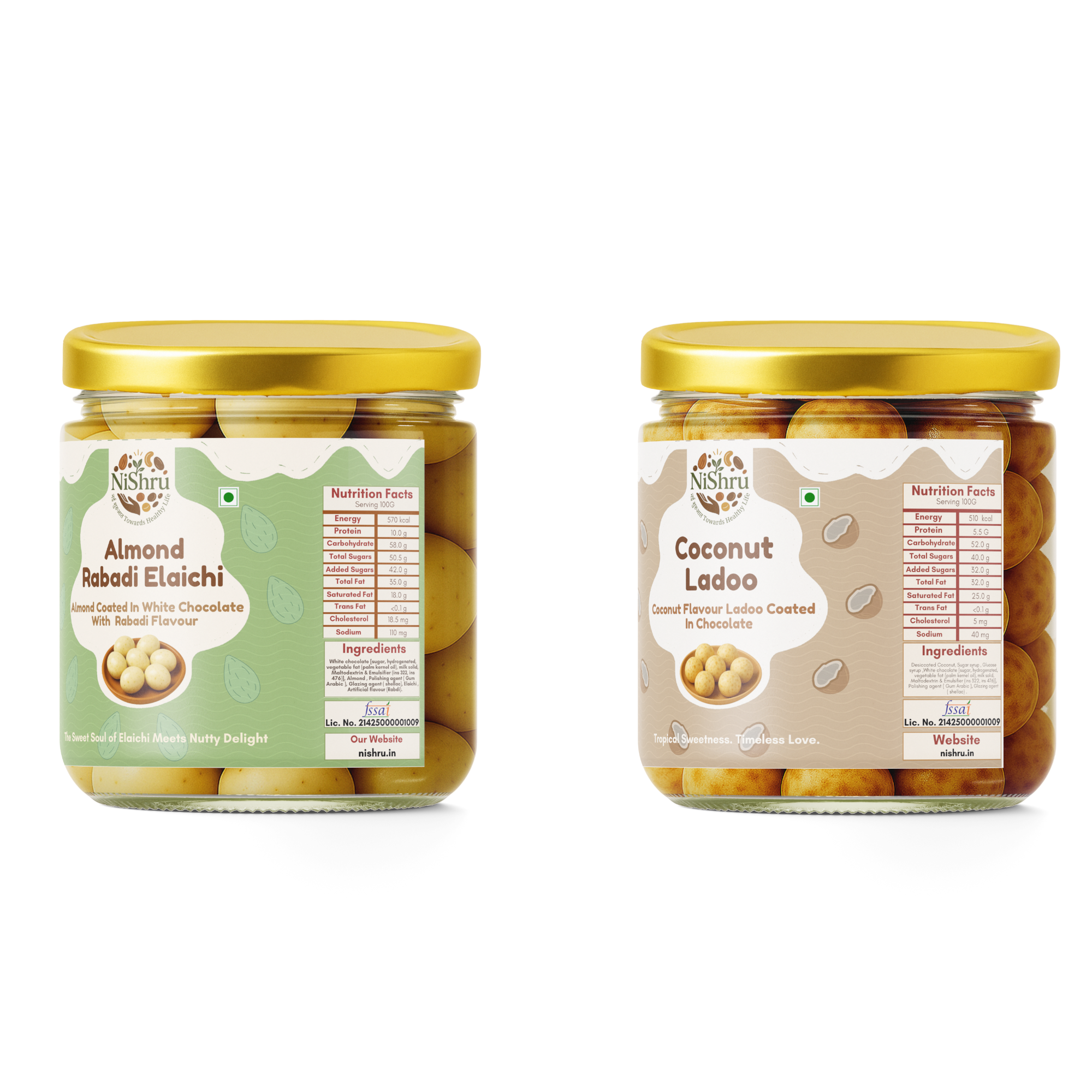 NiShru Almond Rabadi Elaichi & Coconut Ladoo – Premium Chocolate-Coated Sweet Nut & Coconut Filled Treat Combo | Festive Dry Fruit Gift Pack | 150g × 2 (300g Total)