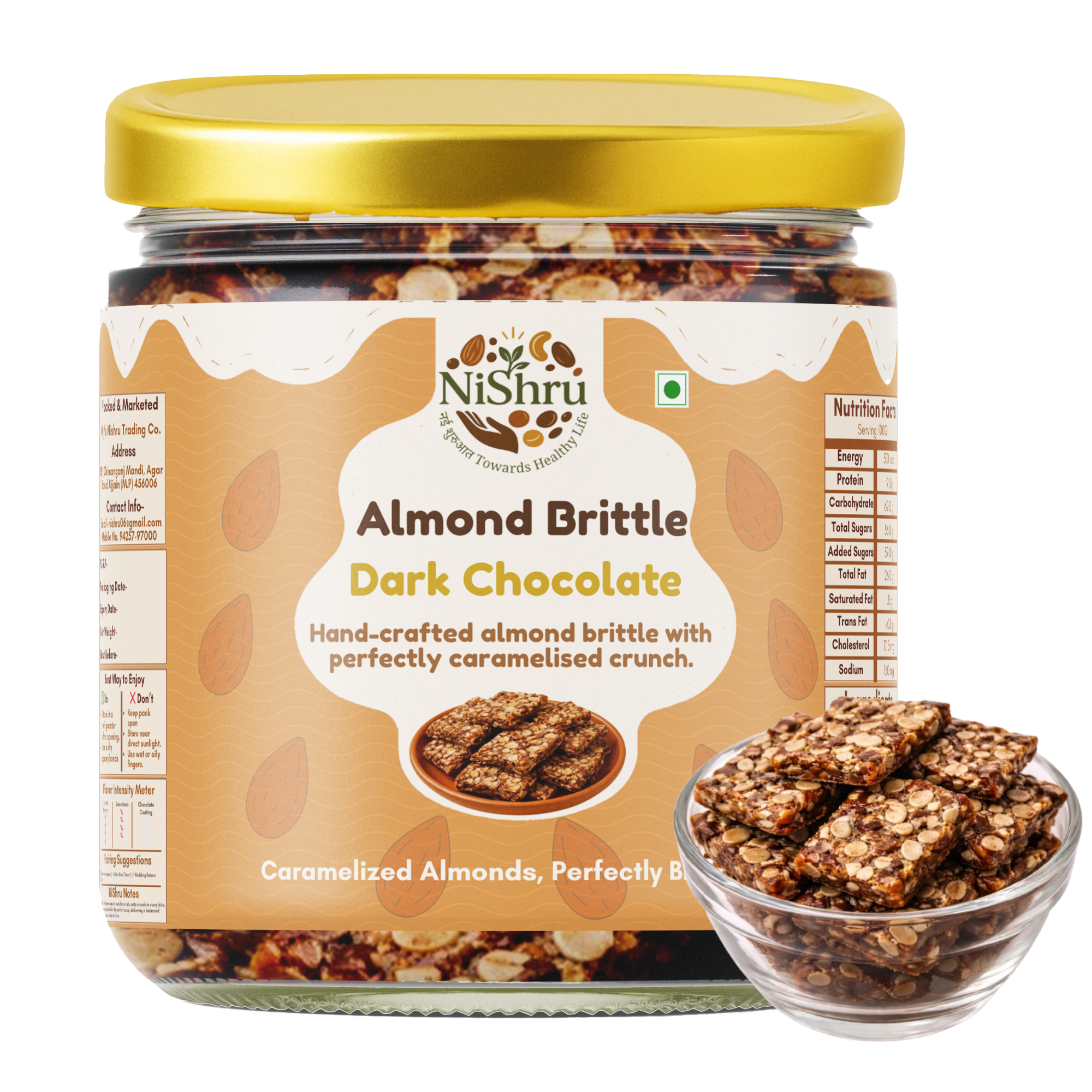 NiShru Almond Brittle Dark Chocolate Jar | Ideal Gift Hamper | Choco & Nut Dryfruit Delicacy | Crunchy Caramelised Almonds Britle | Any-time snack