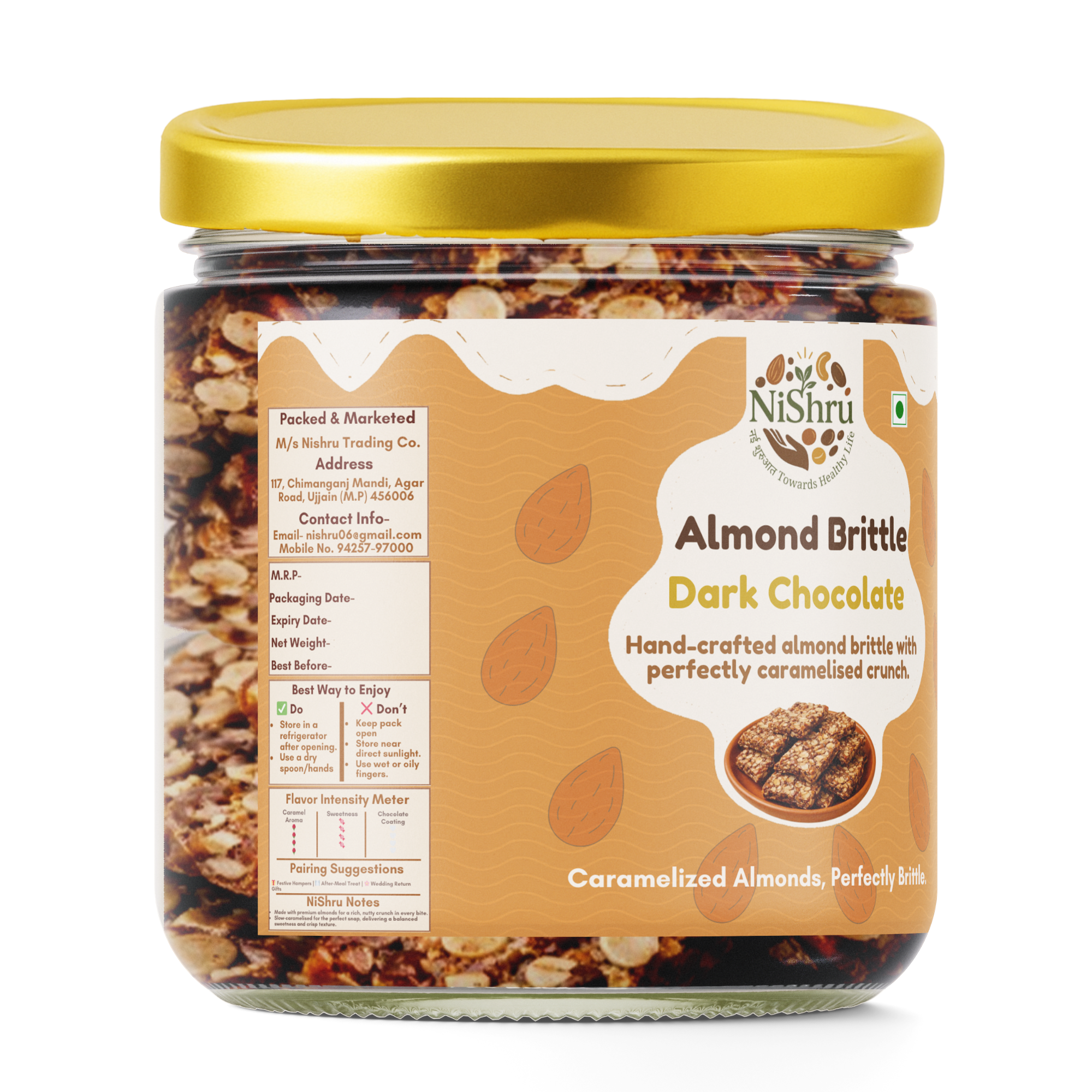 NiShru Almond Brittle Dark Chocolate Jar | Ideal Gift Hamper | Choco & Nut Dryfruit Delicacy | Crunchy Caramelised Almonds Britle | Any-time snack