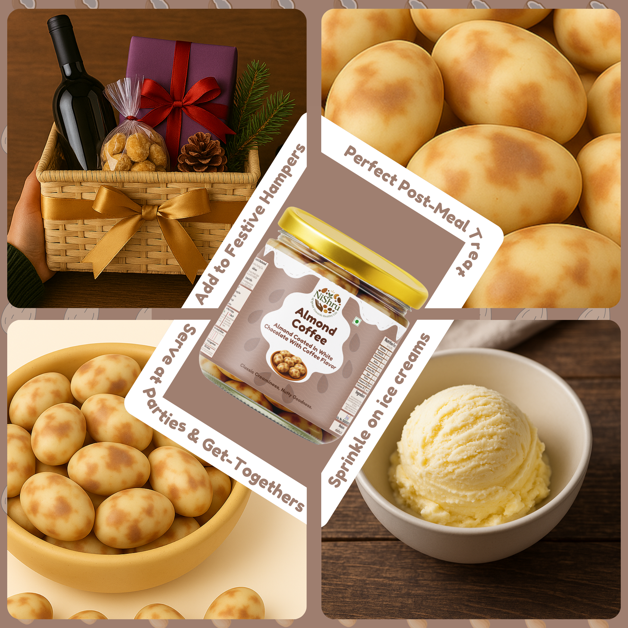 NISHRU Almond Coffee | Roasted Almonds Coated in White Chocolate | Crunchy, Aromatic & Gourmet Snack | Ideal for Gifting & Coffee Lovers