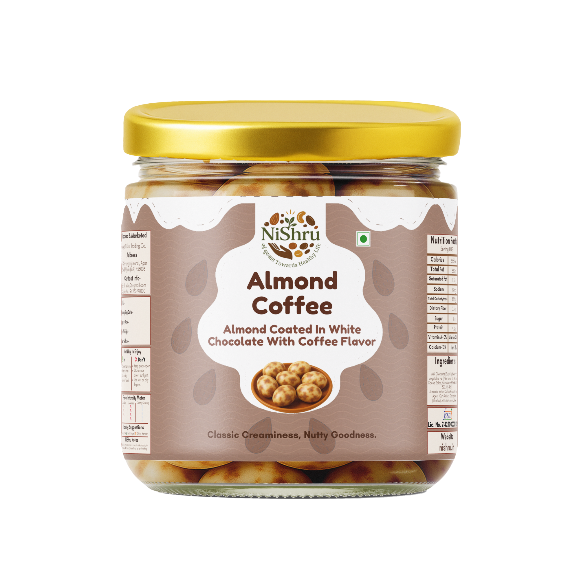 NISHRU Almond Coffee | Roasted Almonds Coated in White Chocolate | Crunchy, Aromatic & Gourmet Snack | Ideal for Gifting & Coffee Lovers