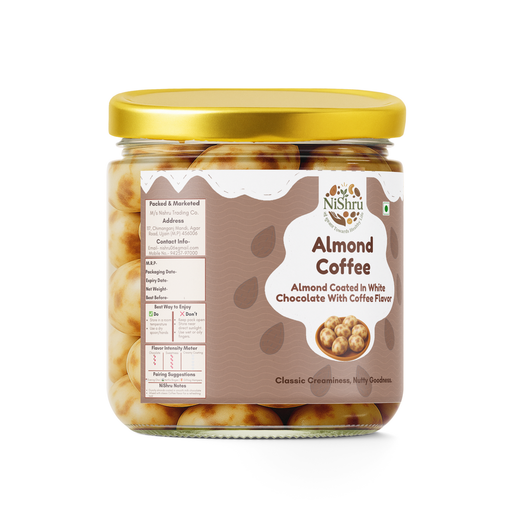 NISHRU Almond Coffee | Roasted Almonds Coated in White Chocolate | Crunchy, Aromatic & Gourmet Snack | Ideal for Gifting & Coffee Lovers