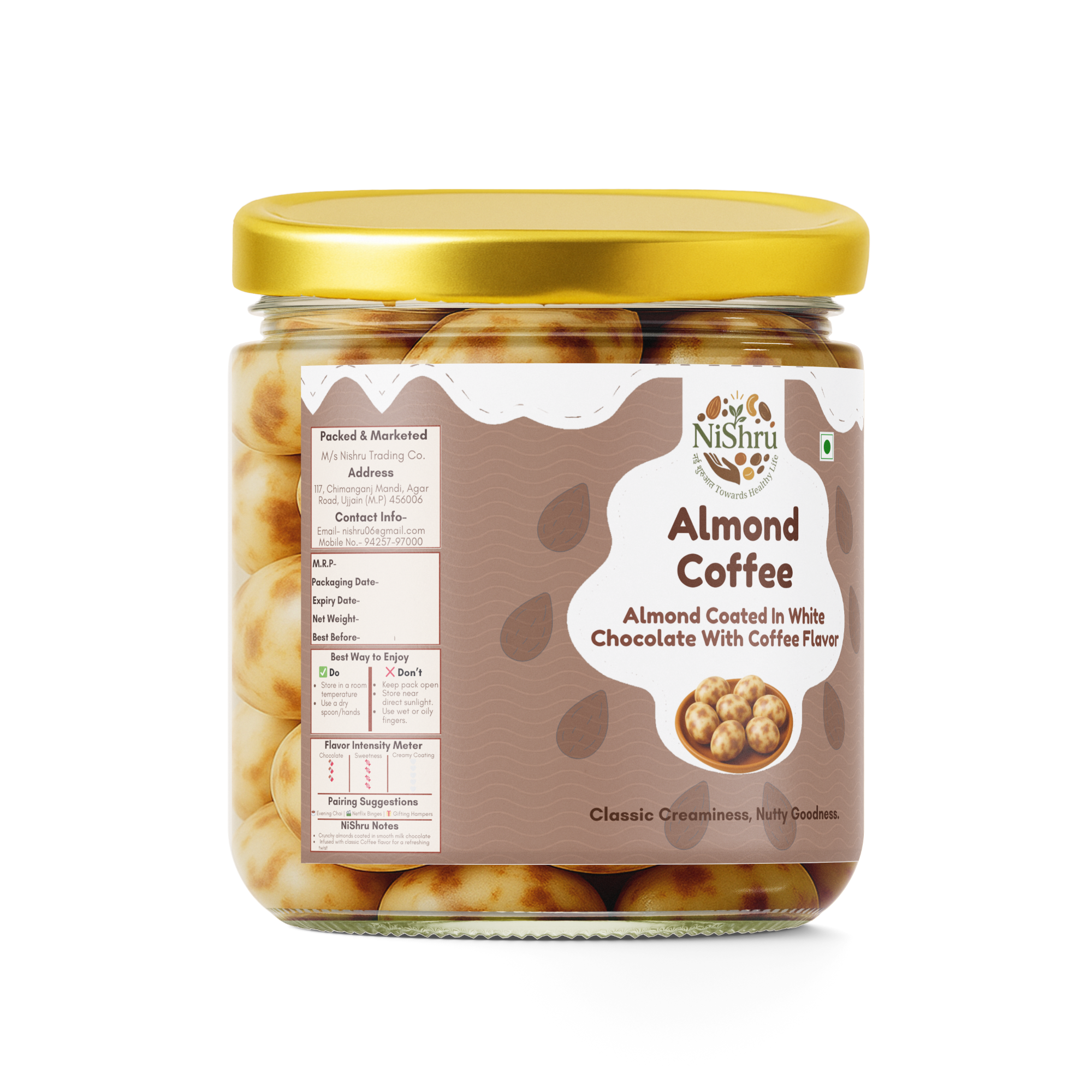 NISHRU Almond Coffee | Roasted Almonds Coated in White Chocolate | Crunchy, Aromatic & Gourmet Snack | Ideal for Gifting & Coffee Lovers