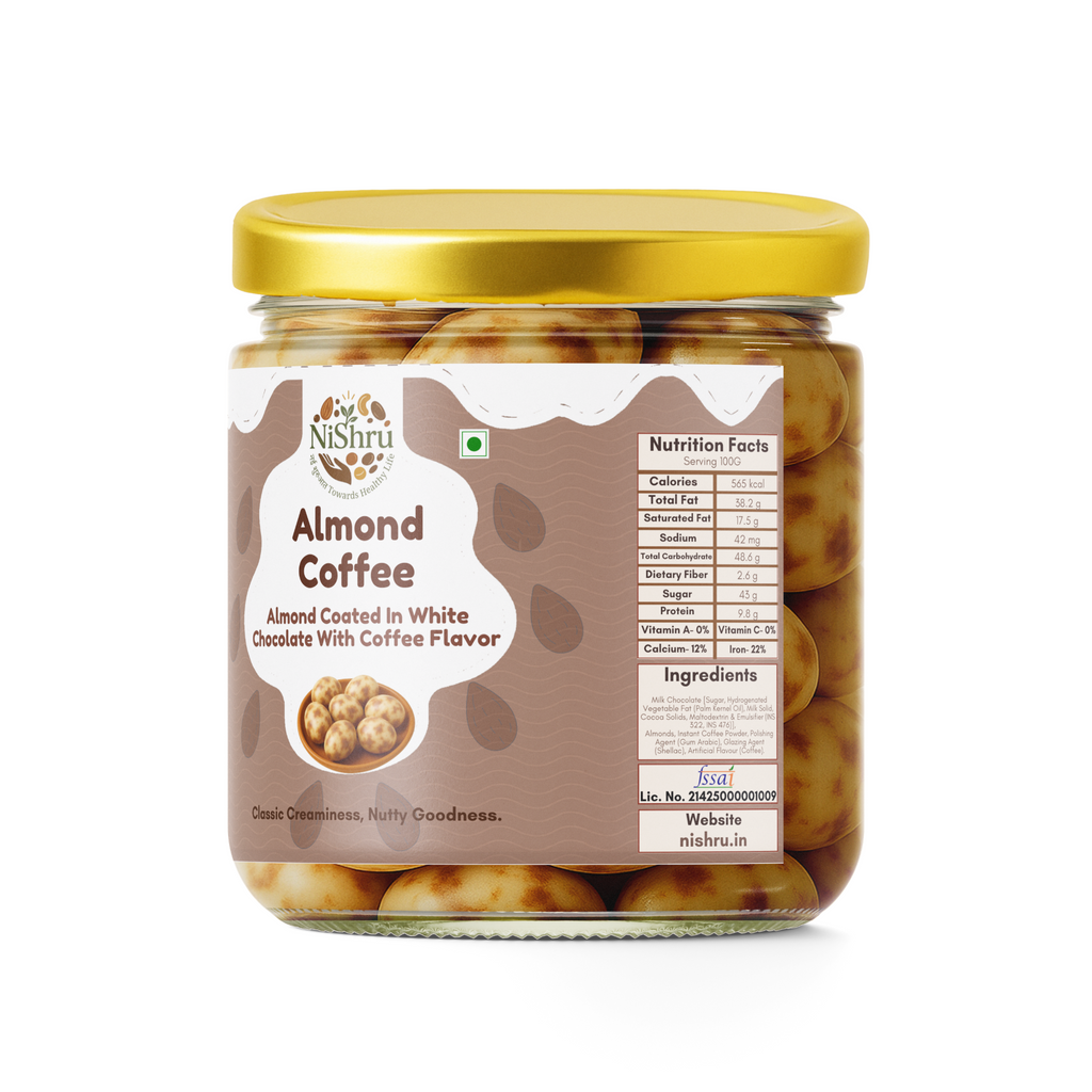 NISHRU Almond Coffee | Roasted Almonds Coated in White Chocolate | Crunchy, Aromatic & Gourmet Snack | Ideal for Gifting & Coffee Lovers
