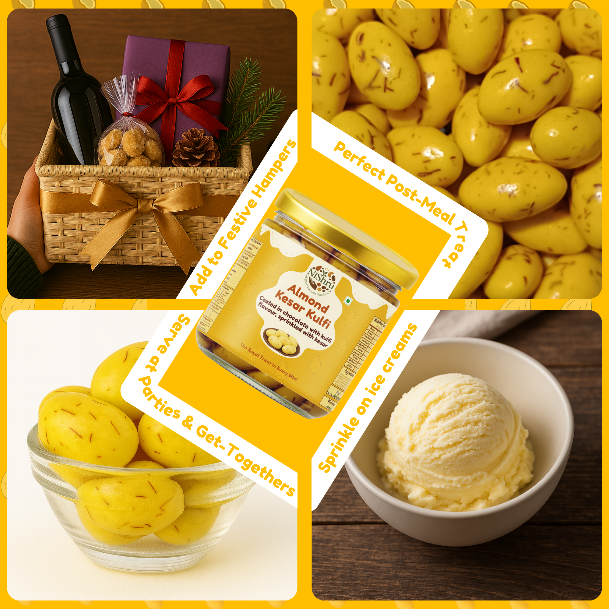 NiShru Almond Kesar Kulfi – Chocolate Coated Almonds | Rich Kulfi & Saffron (Kesar) Flavoured Sweet Nut Snack