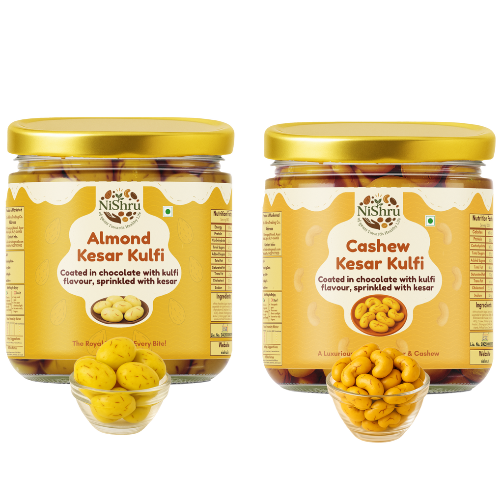 NiShru Almond Kesar Kulfi & Cashew Kesar Kulfi – Premium Chocolate-Coated Kesar Kulfi Flavoured Dry Fruit Sweet Snack Combo | Festive Gift Pack | 150g × 2 (300g Total)