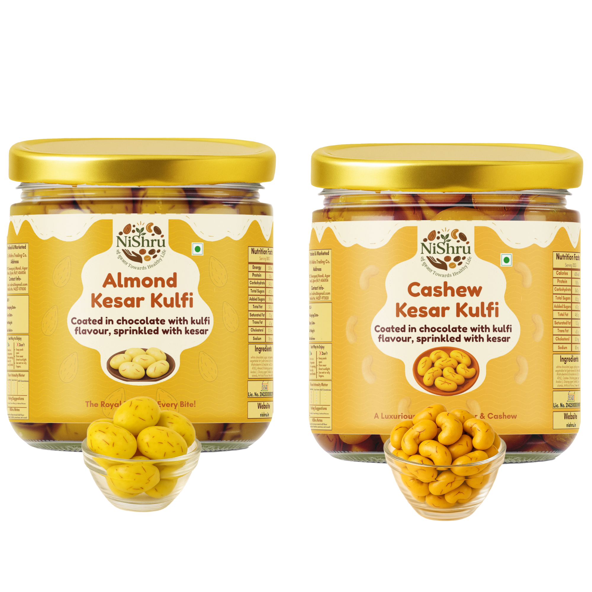 NiShru Almond Kesar Kulfi & Cashew Kesar Kulfi – Premium Chocolate-Coated Kesar Kulfi Flavoured Dry Fruit Sweet Snack Combo | Festive Gift Pack | 150g × 2 (300g Total)