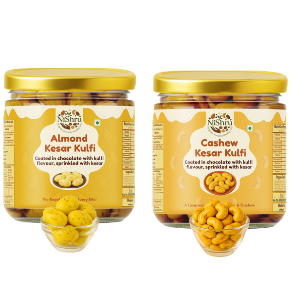 NiShru Almond Kesar Kulfi & Cashew Kesar Kulfi – Premium Chocolate-Coated Kesar Kulfi Flavoured Dry Fruit Sweet Snack Combo | Festive Gift Pack | 150g × 2 (300g Total)
                  loading=