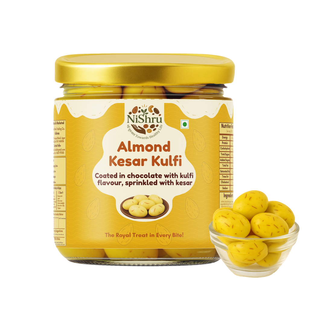NiShru Almond Kesar Kulfi – Chocolate Coated Almonds | Rich Kulfi & Saffron (Kesar) Flavoured Sweet Nut Snack