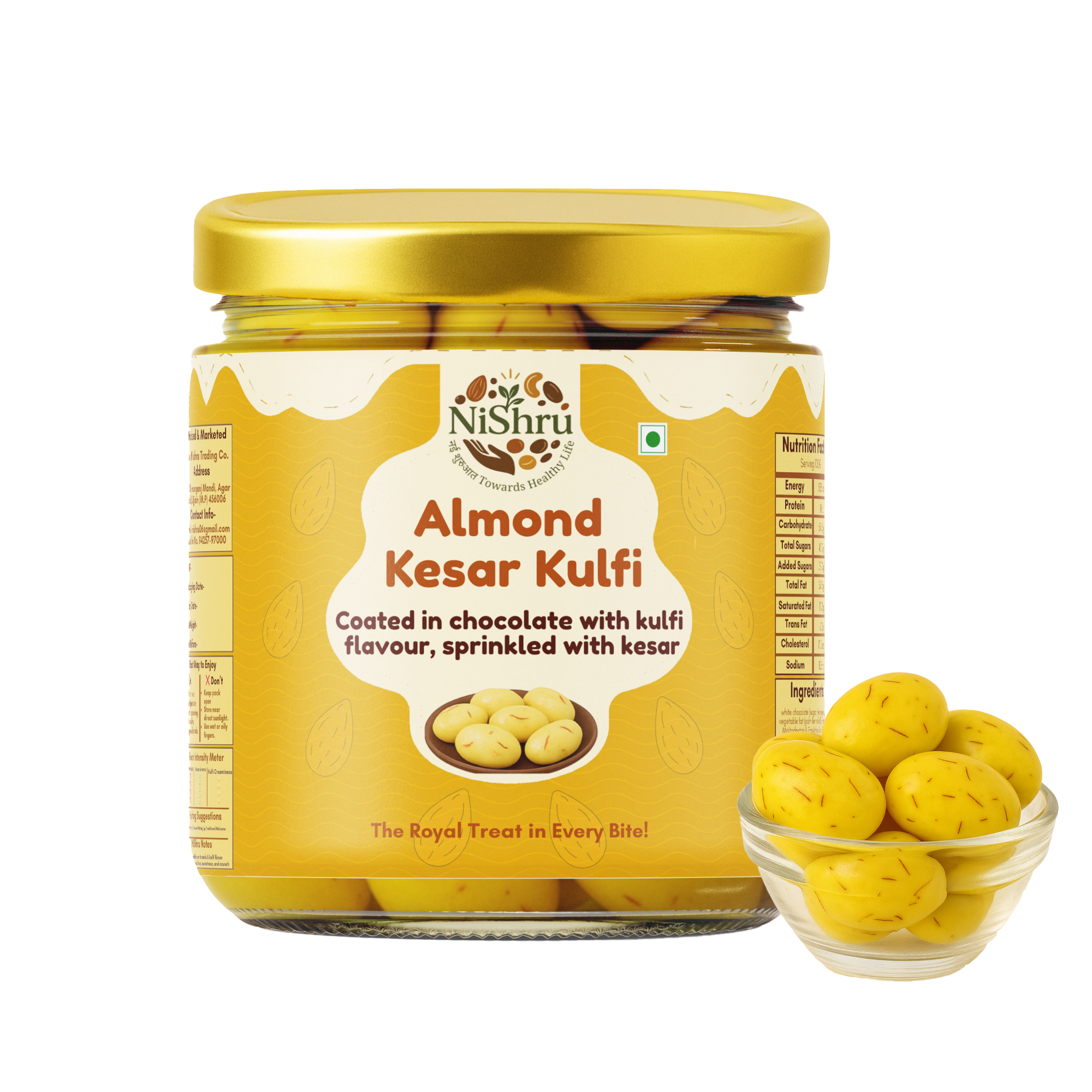 NiShru Almond Kesar Kulfi – Chocolate Coated Almonds | Rich Kulfi & Saffron (Kesar) Flavoured Sweet Nut Snack