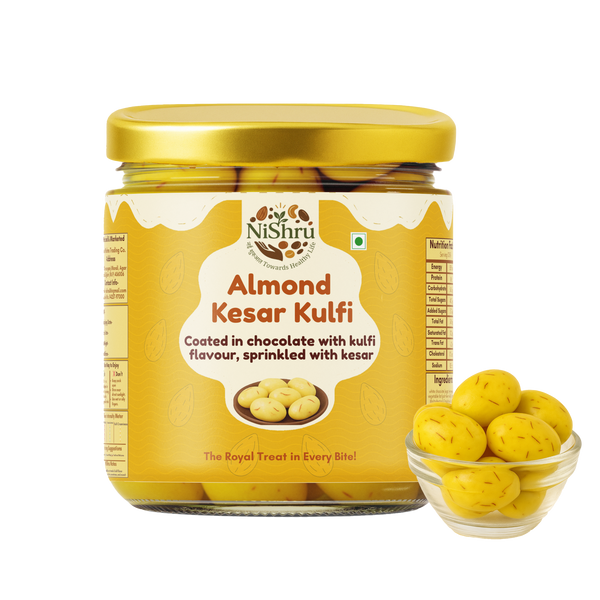 NiShru Almond Kesar Kulfi – Chocolate Coated Almonds | Rich Kulfi & Saffron (Kesar) Flavoured Sweet Nut Snack
                  loading=