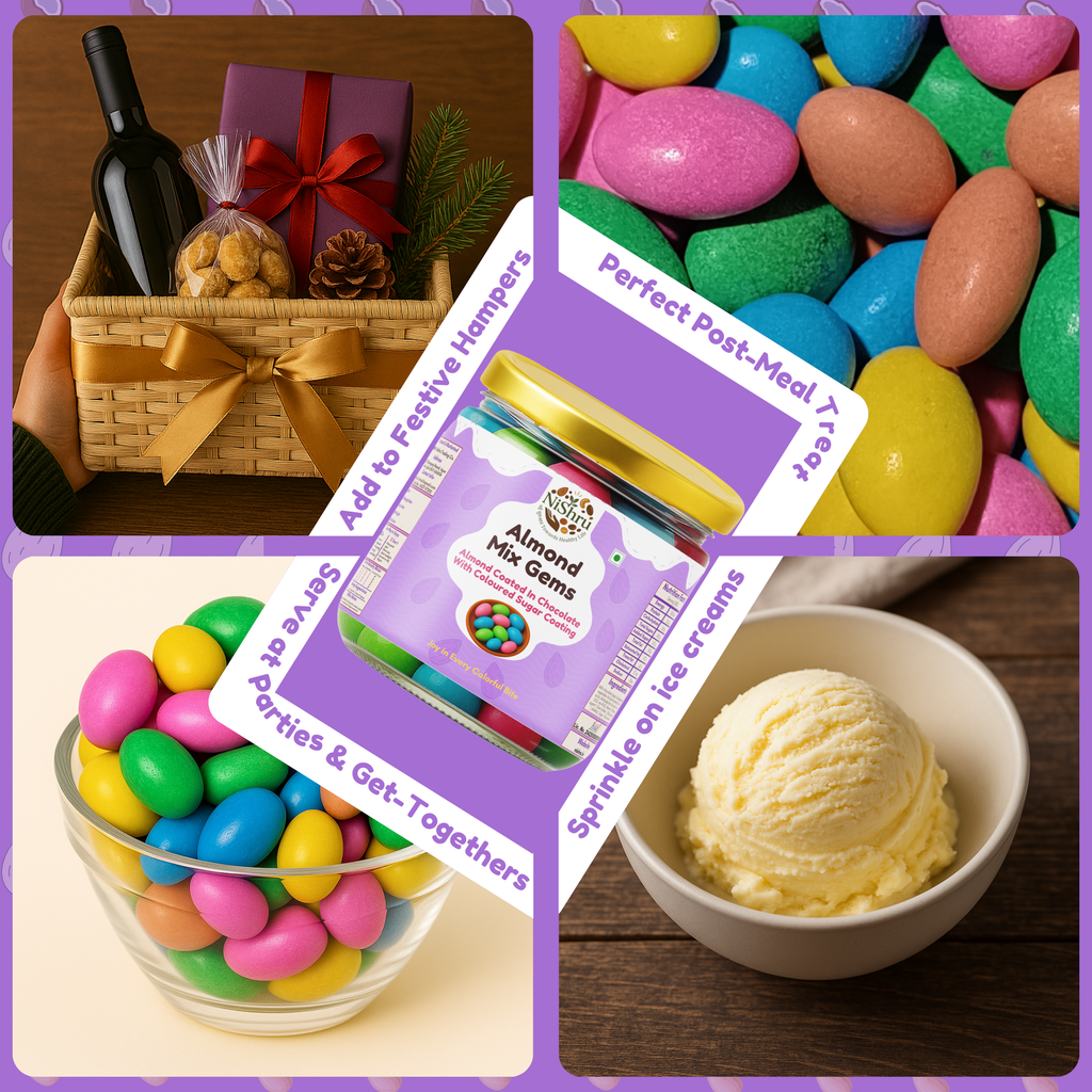 NiShru Almond Mix Gems – Chocolate Coated Almonds with Colorful Candy Gems | Crunchy Sweet Nut Snack | Kids Party Treat