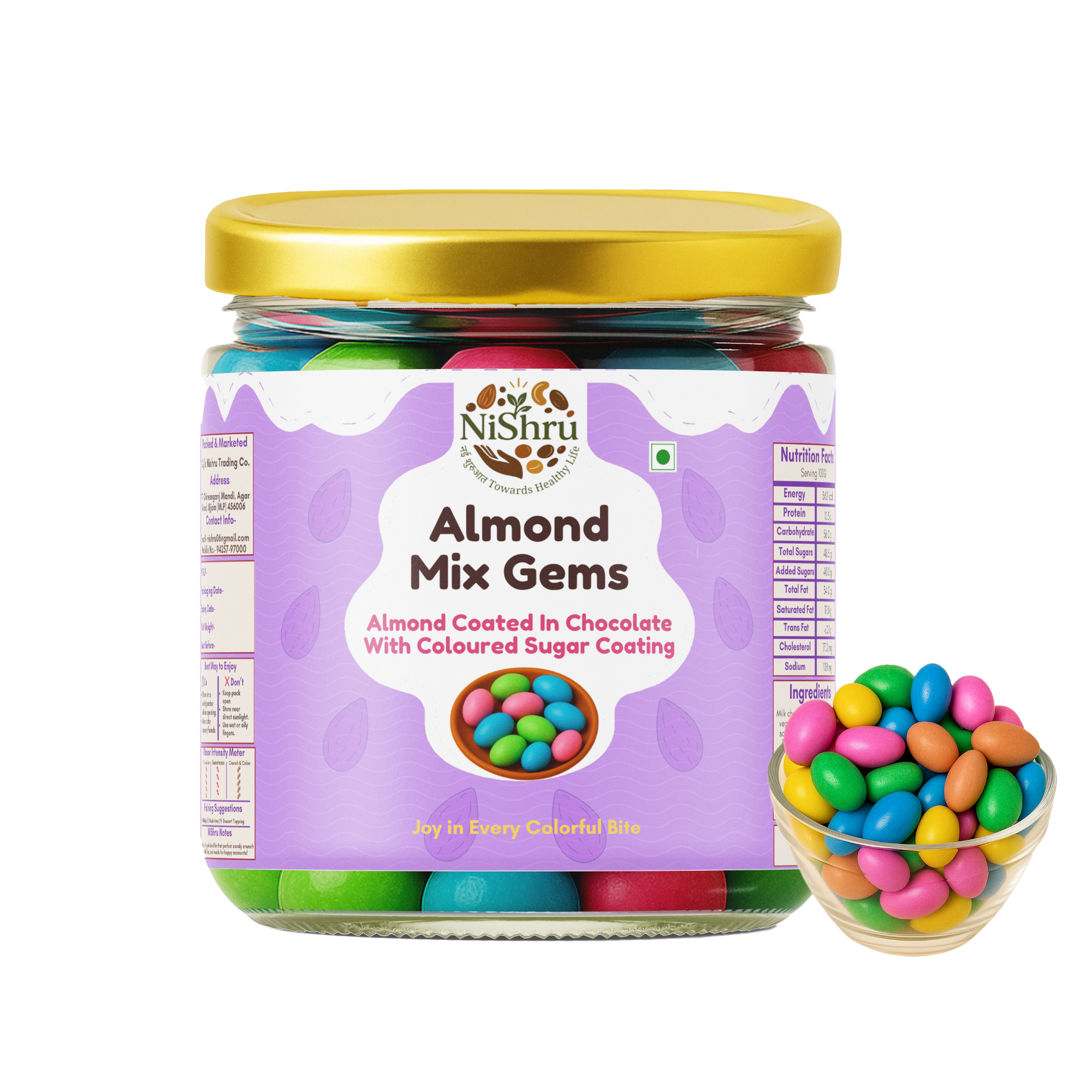 NiShru Almond Mix Gems – Chocolate Coated Almonds with Colorful Candy Gems | Crunchy Sweet Nut Snack | Kids Party Treat