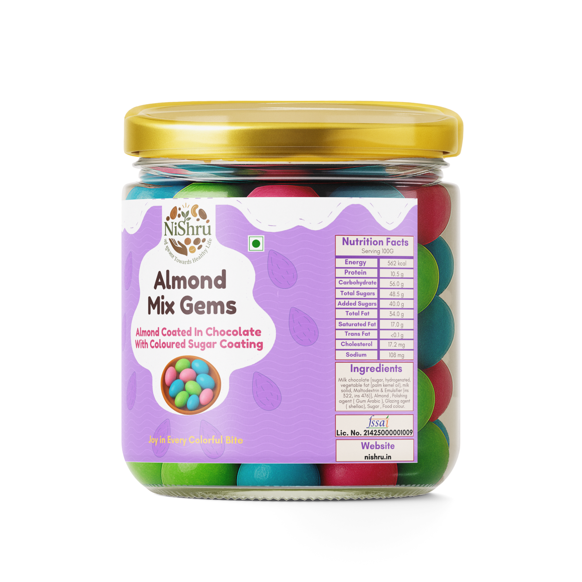 NiShru Almond Mix Gems – Chocolate Coated Almonds with Colorful Candy Gems | Crunchy Sweet Nut Snack | Kids Party Treat