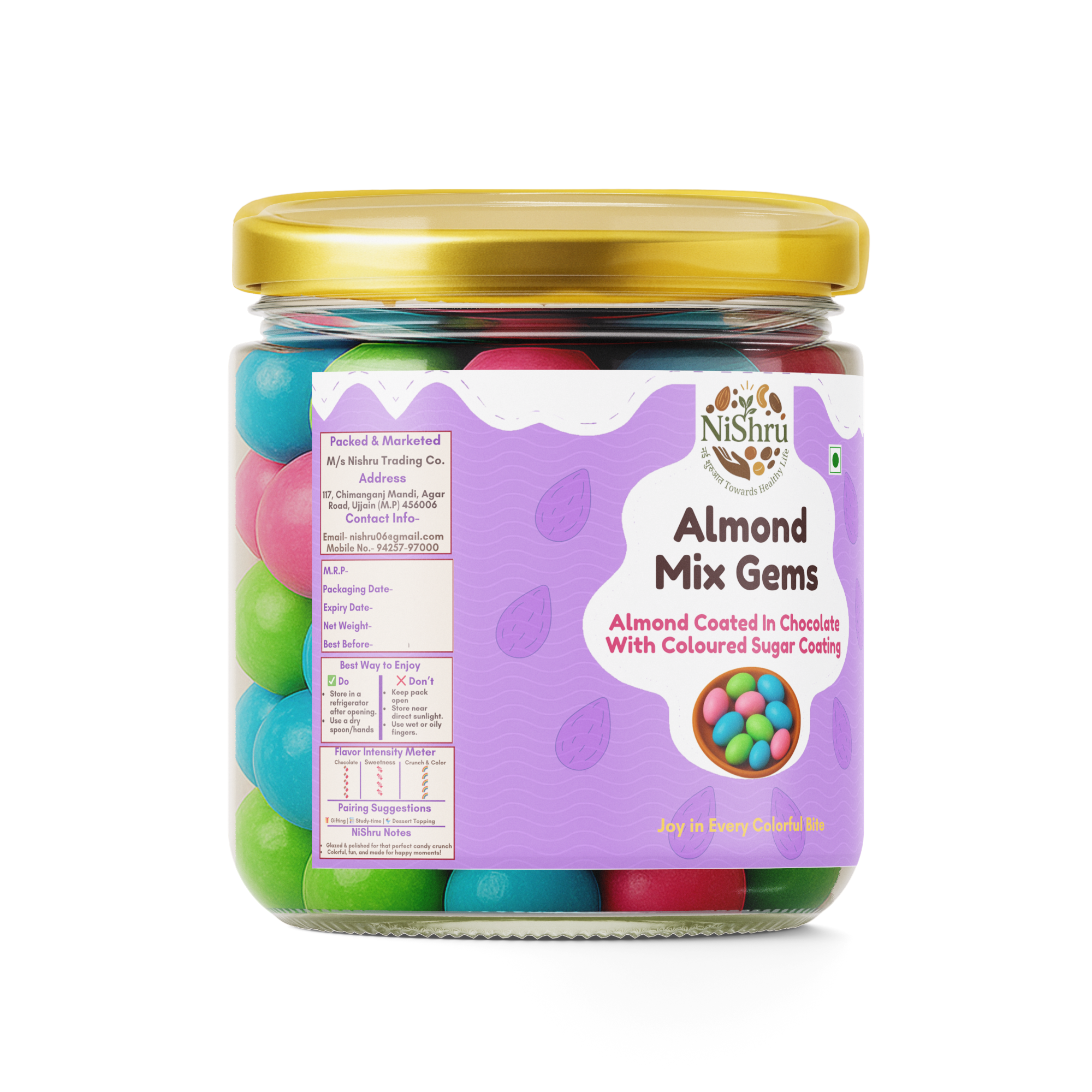 NiShru Almond Mix Gems – Chocolate Coated Almonds with Colorful Candy Gems | Crunchy Sweet Nut Snack | Kids Party Treat