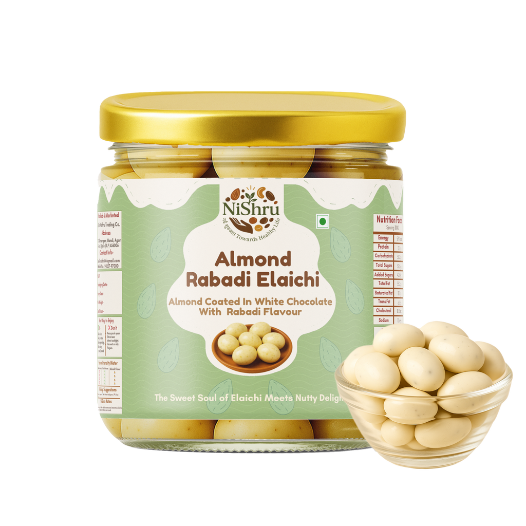 NiShru Almond Rabadi Elaichi – Chocolate Coated Almonds | Creamy Rabadi & Elaichi Flavoured Sweet Nut Snack