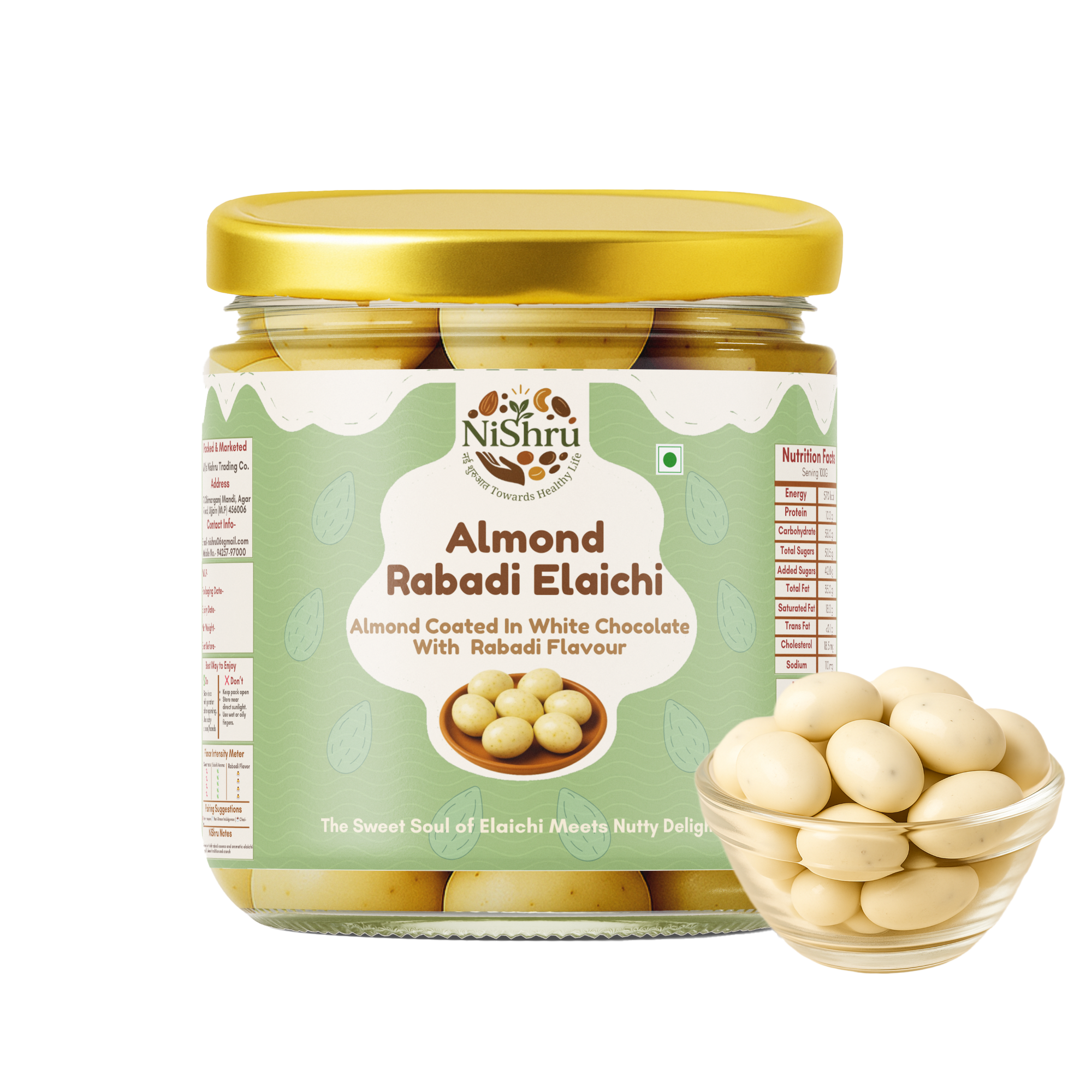 NiShru Almond Rabadi Elaichi – Chocolate Coated Almonds | Creamy Rabadi & Elaichi Flavoured Sweet Nut Snack