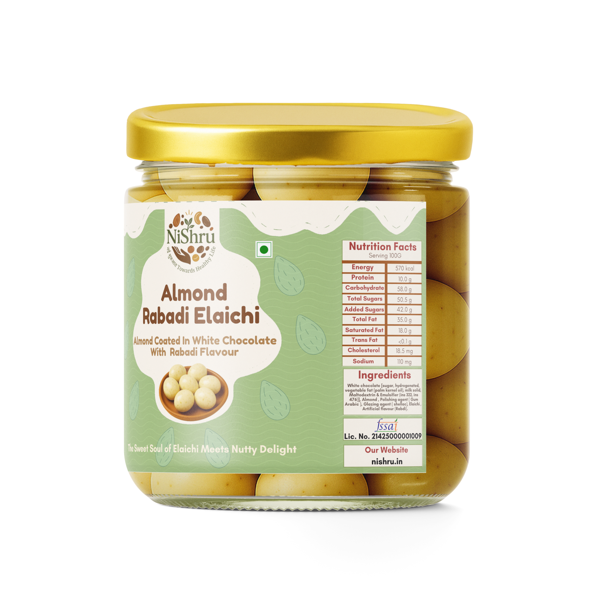 NiShru Almond Rabadi Elaichi – Chocolate Coated Almonds | Creamy Rabadi & Elaichi Flavoured Sweet Nut Snack