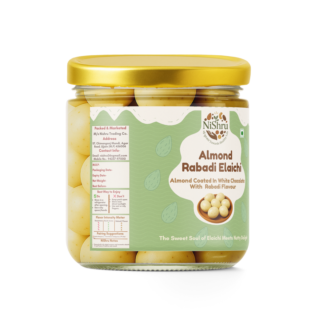 NiShru Almond Rabadi Elaichi – Chocolate Coated Almonds | Creamy Rabadi & Elaichi Flavoured Sweet Nut Snack