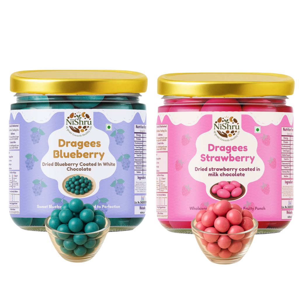 NiShru Blueberry & Strawberry Dragees – Premium Chocolate-Coated Almond Dragees Combo | Sweet Crunchy Dry Fruit Gift Snack Pack | 150g × 2 (300g Total)