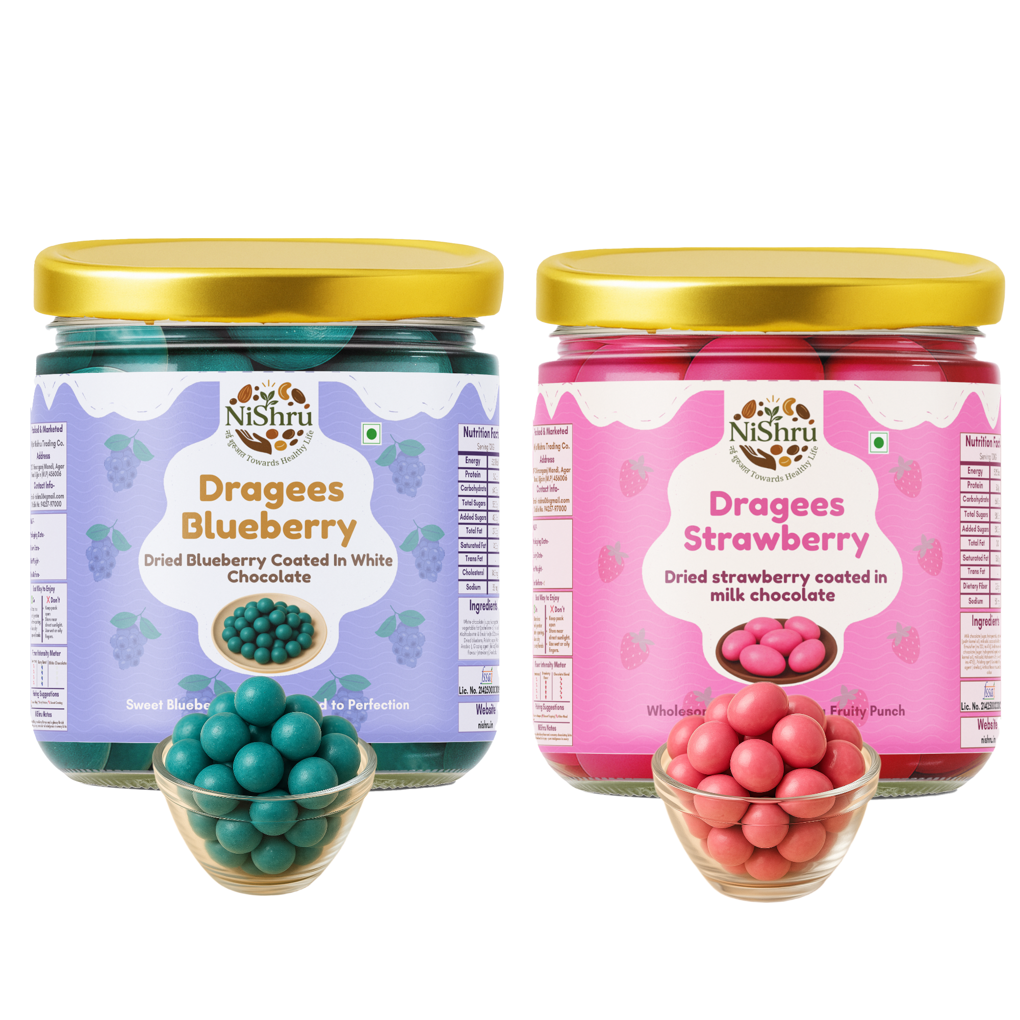 NiShru Blueberry & Strawberry Dragees – Premium Chocolate-Coated Almond Dragees Combo | Sweet Crunchy Dry Fruit Gift Snack Pack | 150g × 2 (300g Total)