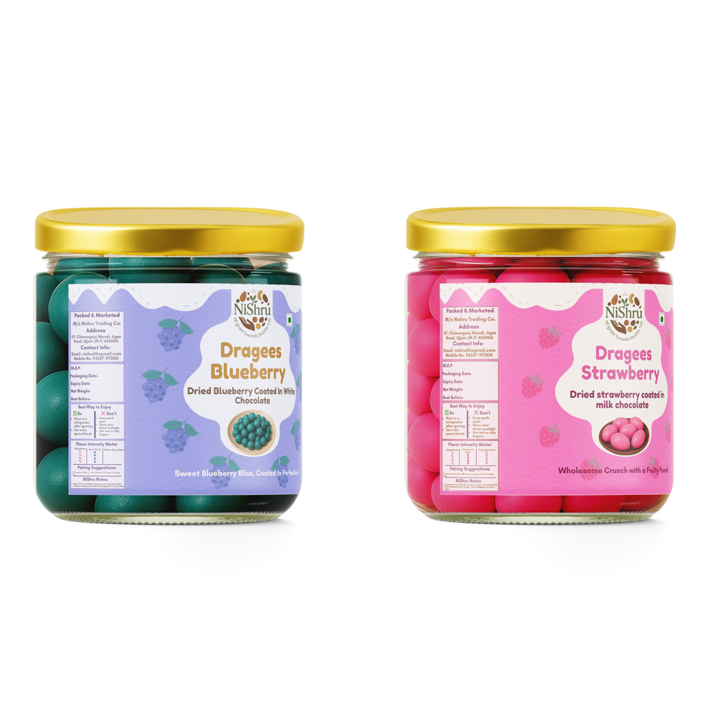 NiShru Blueberry & Strawberry Dragees – Premium Chocolate-Coated Almond Dragees Combo | Sweet Crunchy Dry Fruit Gift Snack Pack | 150g × 2 (300g Total)